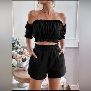 Off Shoulder Frill Trim Top & Shorts